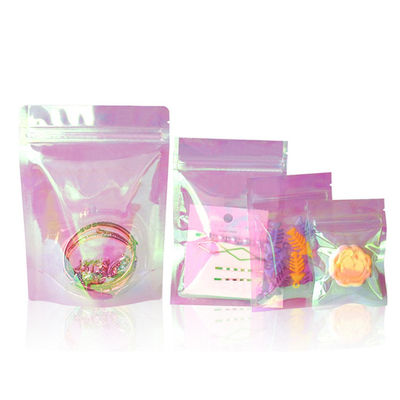 13x18x3 सेमी लेजर होलोग्राम इंद्रधनुष गुलाबी स्टैंड अप थैलों के साथ जिपर के साथ कैंडी, गहने, सामान पैकेजिंग के लिए