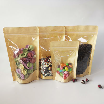 सामने की तरफ पारदर्शी पीछे की ओर ब्राउन क्राफ्ट बैग खड़े हो जाओ खाद्य पैकेजिंग भंडारण के लिए ज़िपलॉक के साथ क्राफ्ट बैग